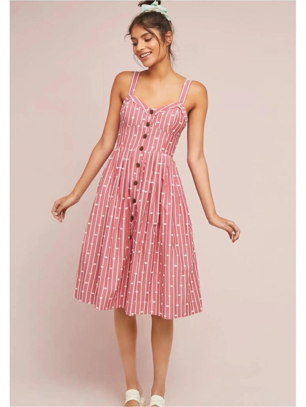 Anthropologie/ Maeve Pink & White Striped Button-Front Mini Dress